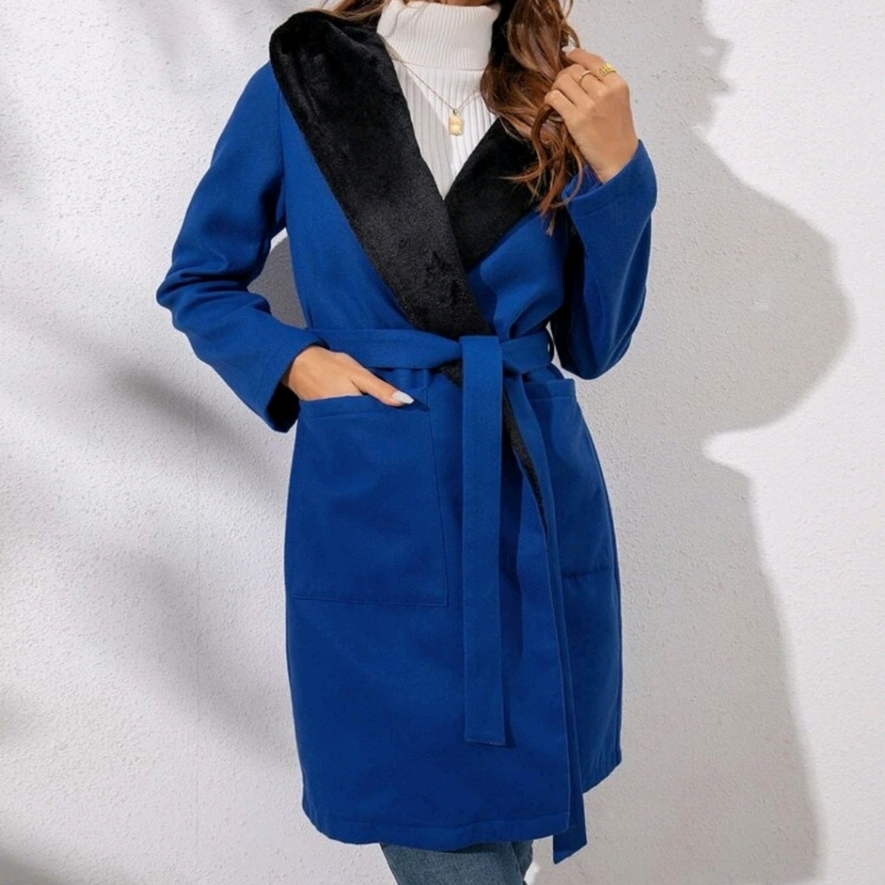 Open Front Hooded Overcoat With Belt - Picture 3 of 9